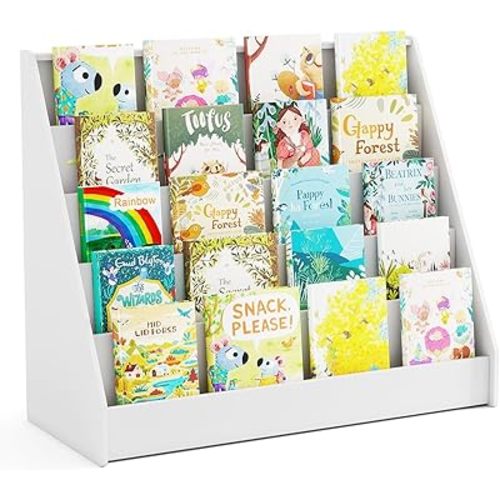 Kids Bookshelf, Nursery Book Shelves w/ 5 Tier Book Racks, Small Children’s Bookcase, Floor Magazine Rack, Wood Book Display Shelf for Kids Room, Living Room, Classroom (White)