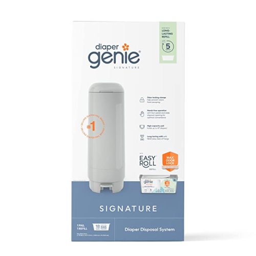 Diaper Genie Signature Pail (Grey) Includes 1 Easy Roll Refill with 18 Bags | Holds Up to 846 Newborn-Sized Diapers Per Refill