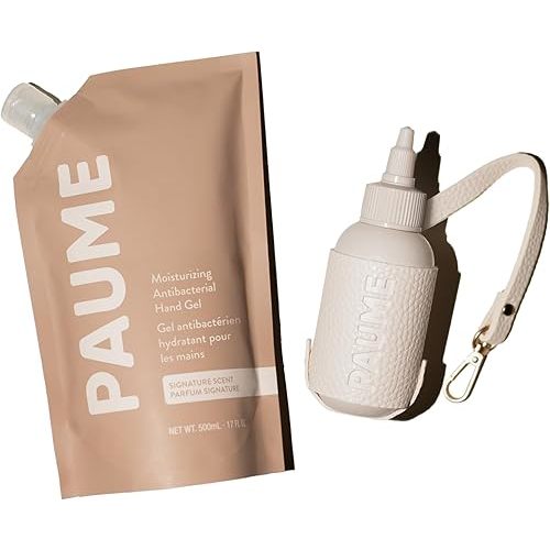 PAUME Sanitize Starter Kit, Moisturizing Antibacterial Hand Gel Travel Bottle, Refill Bag & Voyager Vegan-Leather Pouch, Travel Essentials Set, Moisturizing, No Artificial Fragrances