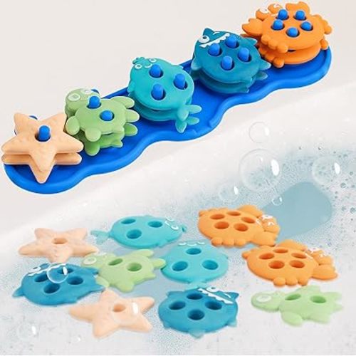Baby Bath Toys, Silcone Stacking Bath Toy Set with 20 Textured Floating Pieces, Sticks to Tub Walls, Shape Sorting Bathtub Toys Suitable for Toddler 1-3