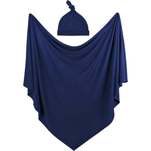OWLOWLA Swaddle Blanket and Hat Set Newborn Swaddle Wrap Baby Receiving Blanket for Baby Boys Girls(Navy)