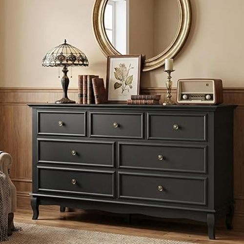 RoyalCraft 53" Wide 7 Drawer Dresser, Black Dresser for Bedroom, Modern TV Stand with Solid Wood Legs and Painted Finish, Wooden Storage Closet Cabinet Organizer for Hallway, Living Room