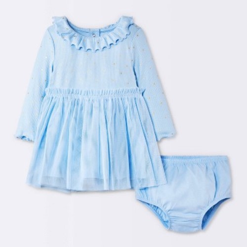 Baby Girls' Star Long Sleeve Modal Ribbed Tulle Dress - Cloud Island™ Blue 6-9M