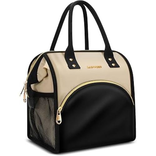 Lunch Bag Women Insulated Lunch Box Wide-Open Lunch Tote Bag Large Drinks Holder Durable Nylon Thermal Snacks Organizer for Men Adults Work Picnic Hiking Beach Fishing, Light Khaki+Black