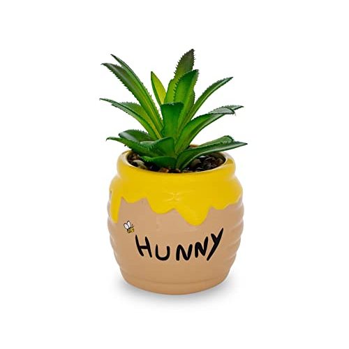 Silver Buffalo Disney Winnie The Pooh Hunny Pot 3-Inch Ceramic Mini Planter with Artificial Succulent | Small Flower Pot, Faux Indoor Plants for Desk Shelf, Home Decor Trinket Tray and Collectibles