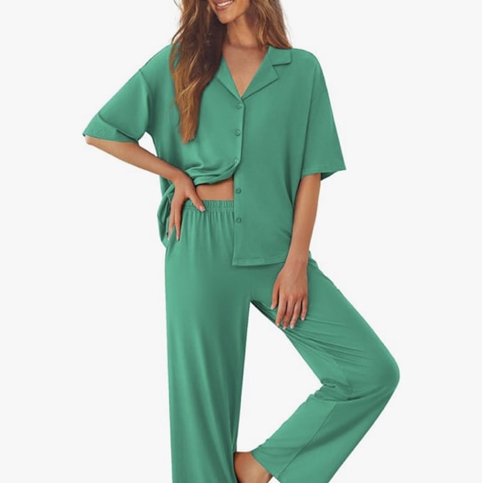 Ekouaer Women Pajamas Set Button Down Sleepwear Short Sleeve Pjs Soft Comfy Nightwear with Long Pants S-XXL