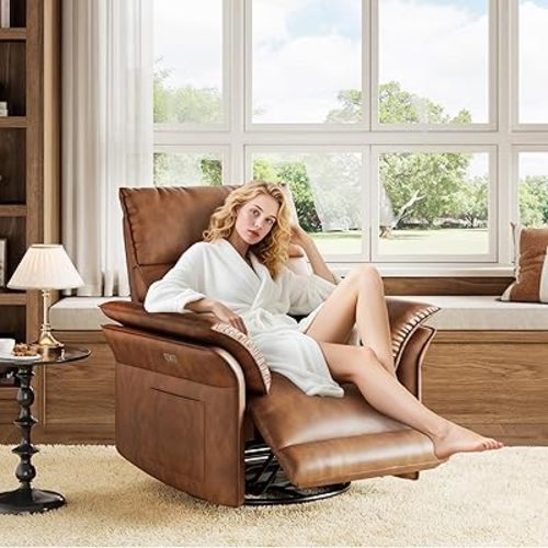 GarveeHome Power Recliner Chair Swivel Glider Upholstered Faux Leather Nursery Rocker Reclining Sofa Chair with Charging Port, Curved Armrests & Padded Backrest (Orange)