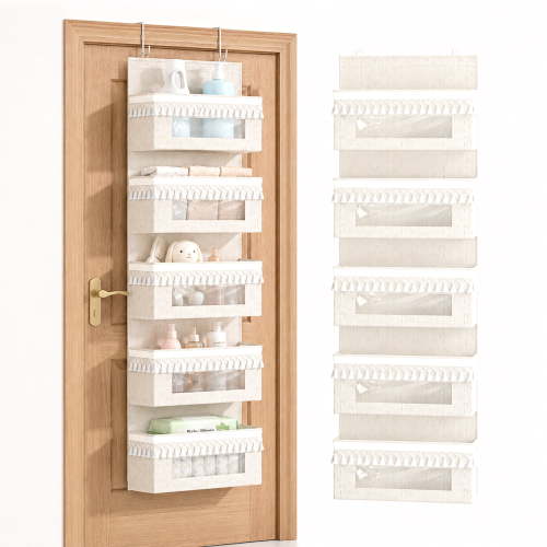 Aokeyee Over The Door Organizer, 5 Tier Boho Door Organizer Hanging with Tassels and Clear Window, 65lb Behind The Door Storage for Baby Nursery, Bedroom, Bathroom