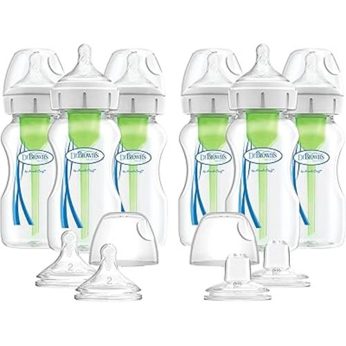 Dr. Brown’s Natural Flow® Anti-Colic Options+™ Wide Baby Bottles, 9 oz/270ml, with Level 1 Slow Flow Nipple, 6 Pack Plus 2 Bonus Level 2 Nipples and 2 Sippy Spouts