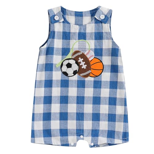 Bonangber Baby Boy Golf Outfit Golf Cart Football Embroidery Sleeveless Jumpsuit Crewneck Plaid Romper Cute Newborn Playsuit