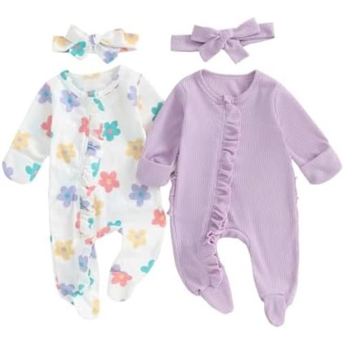 Baby Girl Footies Newborn Zipper Sleeper 2 Pack Ruffle Pajamas Romper Coming Home Outfit