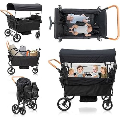 Stroller Wagon for 4 Kids Seated-Tandem Fold Stroller Push-Pull Lightweight Travel Trolley with 5-Point Harness,Adjustable Handle and Canopy,Mosquito Net,Footwells,Child Tray,Cup Holder,Storage