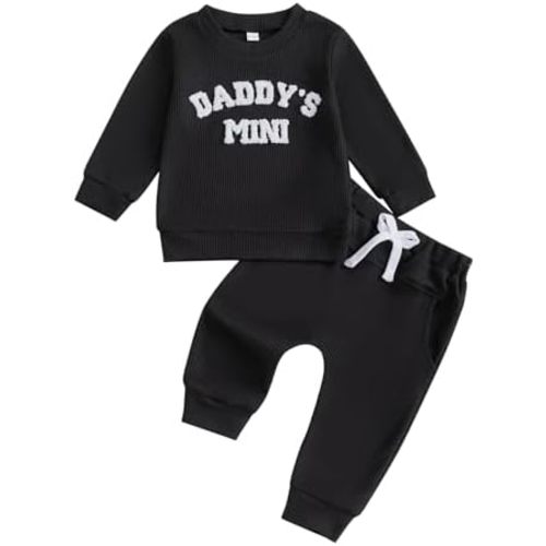 Toddler Baby Boy Fall Outfit Daddy's Mini Waffle Knit Sweatshirt Tops + Jogger Pants Kids Casual Winter Clothes