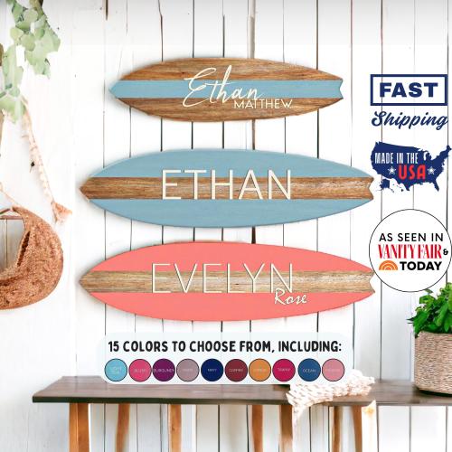 Surfboard Name Sign for Nursery or Children's Room | Nursery Decor | Teen Room | Beach Ocean-Themed Nursery Kids Room | Custom Surf Art