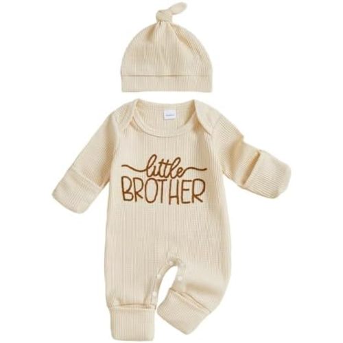 allshope Newborn Baby Boy Fall Outfit Romper Little Brother Long Sleeve Onesie Jumpsuit Bodysuit Infant Winter Waffle Clothes