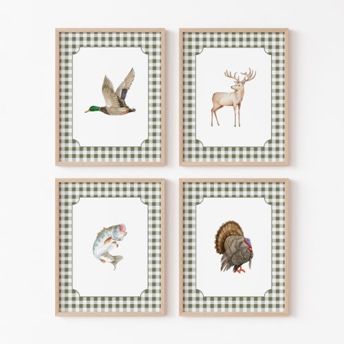 Set of 4 Digital Hunting Prints - Mallard Duck, Turkey, Deer & Fishing - Boys Nursery Decor - Perfect Gift for Little Hunters