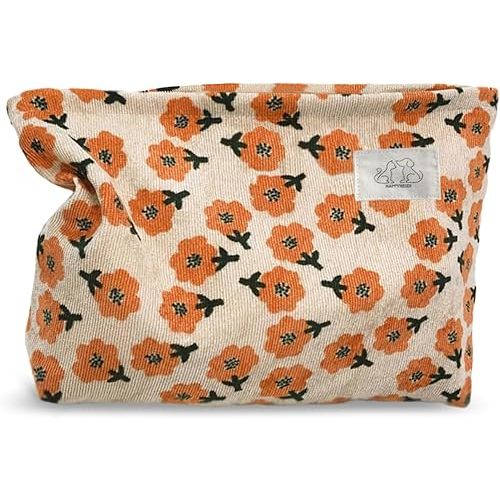 Women Floral Corduroy Canvas Makeup Bag Travel Cosmetic Pouch Purse Organizer, Cute Beige
