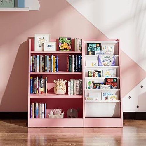 NACHES Montessori Kid Bookshelf Toddler Bookcase Cabinet Children Book Rack Display Toy Storage Organizer 4 Tier 5 Sling Deep Sleeves Classroom Bedroom Nursery Playroom Wood (Pink)