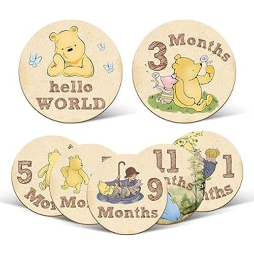 7 Pcs Winnie The Pooh Baby Monthly Milestone Markers, Double Sided Winnie The Pooh Baby Months Wooden Signs with Storage Bag, Baby Monthly Announcement Wooden Discs, Milestone Pictures of Newborn
