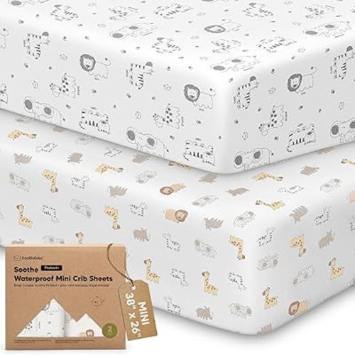 2 Pack and Play Sheets, Waterproof Mini Crib Sheets Fitted - 38x26 Organic Cotton Pack N Play Sheets for Graco Pack and Play Mattress, Playard Baby Crib Sheets,Neutral for Boy,Girl,Toddler(KeaSafari)