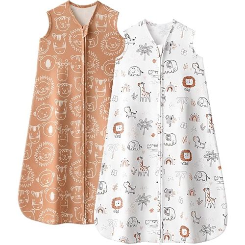 Baby Sleep Sack 6-12 Months, 0.5 TOG Wearable Blanket for Baby Boy and Girl, 2-Way Zipper Newborn and Infant Sleeping Bag 2 Pack, Lightweight Sleep Sacks Orange Animal（Medium）