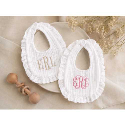Personalized Baby Girl Bib - Custom Embroidered Muslin Bib with Ruffle Detail - Monogrammed Gift for Baby Shower, Newborn, Toddler