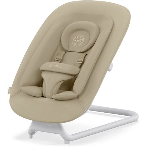 Cybex Lemo Self-Bouncing Baby Bouncer for Playing and Relaxing with Adjustable Harness and Breathable Mesh Backrest, Comfort Inlay with Head Hugger, and Stand, Sand White