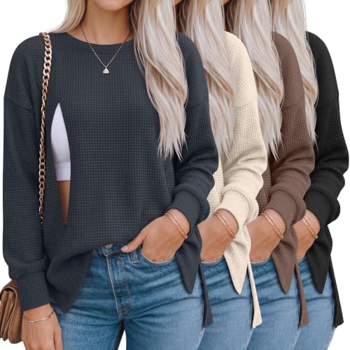 Ficerd 4 Pack Women Waffle Nursing Shirts Breastfeeding Tops