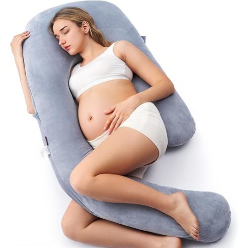Momcozy Pregnancy Pillow with Cooling Cover, Dreamlign U Pro Maternity Pillow with Adjustable Leg Pillow - Support for Back, HIPS, Belly, Legs for Pregnant Women, 50-72 Inch Full Body Pillow, Grey