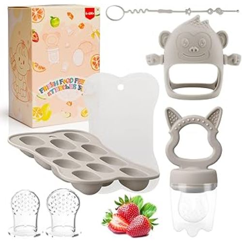 Baby Teething Relief Toys, Fruit/Food Feeder with Breastmilk Popsicle Molds &Teether Combo Food Grade Silicon for 6M+ Breastmilk Pops, Frozen Fruit, Teether Toys Baby Gift