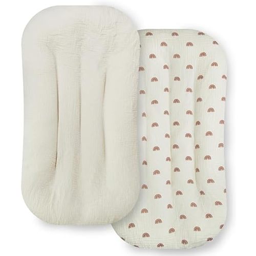 Ultra Soft Organic Muslin Baby Lounger Cover, Removable Loungers Slipcover Fit Newborn Baby Boys and Girls (Beige&Rainbow)