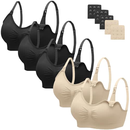 Angelhood Nursing Bra 5 Pack Womens Maternity Breastfeeding Seamless Wireless Sleep Bra with Extenders