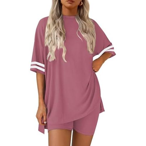 Ekouaer Womens Pajamas 2 Piece Lounge Set Casual Oversized Short Sleeve Tops Biker Shorts Set Comfy Pjs Outfits S-XXL