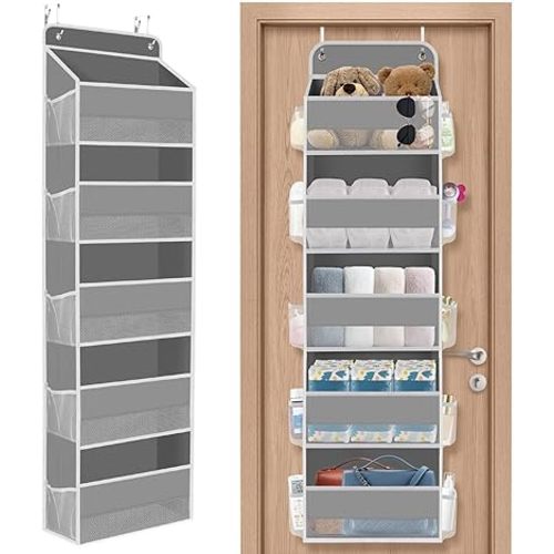 1 Pack Over The Door Organizer, Hanging Storage Organizer with Clear Window, 40lb Ultra Sturdy Large Capacity Room Organizer for Pantry Laundry Bathroom Nursery Closet Baby Essential (Grey)