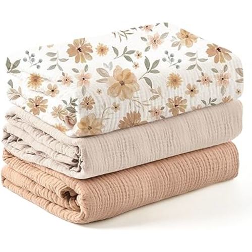Konssy 3 Pack Muslin Swaddle Blankets for Unisex, Newborn Receiving Blanket, Large 47 x 47 inches, Soft Breathable Muslin Baby Swaddles for Boys & Girls