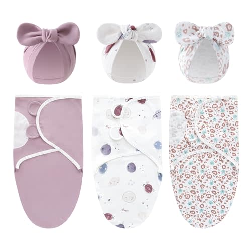 Baby Swaddle Sleep Sack with Hat Set for 0-3 months 3-Pack Soft Cotton Newborn Wearable Swaddle Wrap for Girls Boys