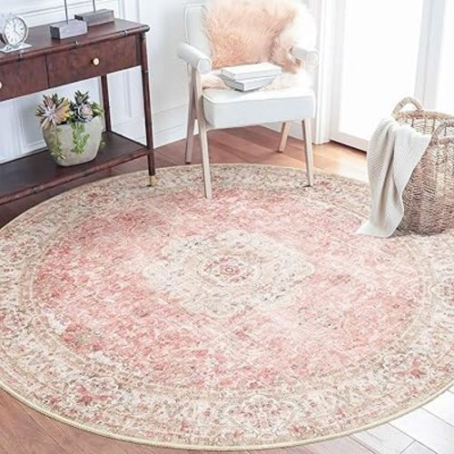 Pink Round Rug 5ft, Circle Boho Area Rugs for Bedroom Living Room,Washable Vintage Bohemian Distressed Oriental Floral Carpet Non Slip,Blush