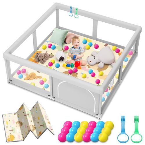 Baby Playpen with Mat, 50 x 50 inch, PlayPen for Babies and Toddlers, Sturdy Safety Play Pen with Soft Breathable Mesh (Ball and Pull Rings Included)