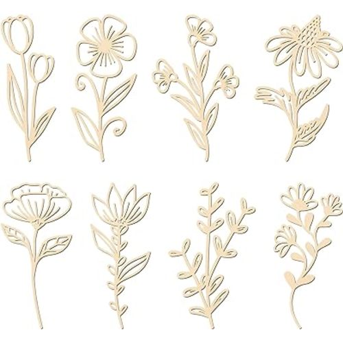 PerKoop 8 Pcs Wooden Wildflowers Wall Decor Colorable Wooden Flowers Cutout Signs Boho Wood Flowers Wall Decals Hanging Sculpture for Kids Nursery Wall Art Bedroom Living Room Decor (Elegant Style)