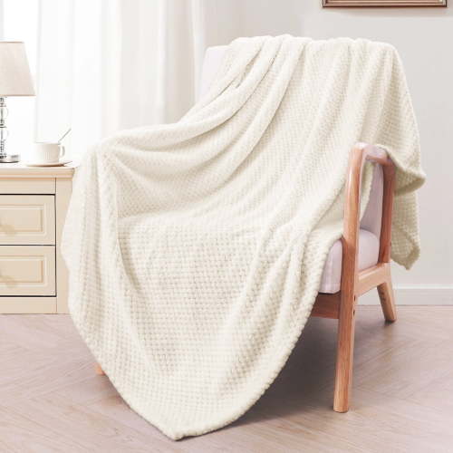 Exclusivo Mezcla Waffle Textured Extra Large Fleece Blanket, Super Soft and Warm Throw Blanket for Couch, Sofa and Bed (Off White, 50"x70")-Cozy, Fuzzy and Lightweight