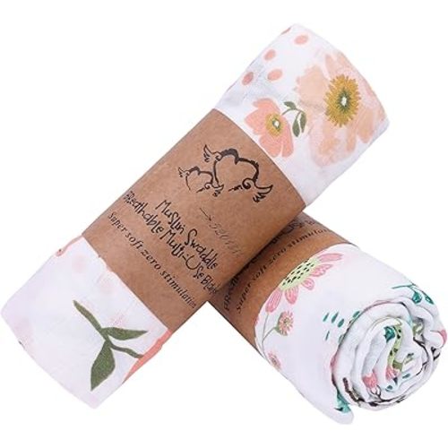 babygoal Muslin Baby Swaddles Blanket 2 Pack, 100% Cotton Soft Breathable Receiving Blanket for Newborn Boys & Girls,2MB1011-B