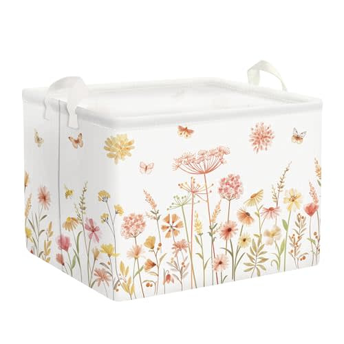 Clastyle Boho Flower Nursery Basket Spring Wildflower Floral Dandelion Storage Bin Plant Butterfly Baby Girl Gift Basket Rectangle Clothes Towel Basket Book Toy Chest