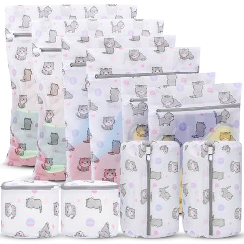 Azhuotop 10-Pack Mesh Laundry Bags with Cute Cat Pattern, Laundry Bag with Various Sizes (XL, L, M, S, Underwear Bag), Durable & Travel Friendly, mix, white