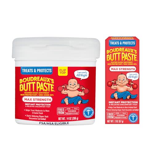 Boudreaux’s Butt Paste Max Strength Diaper Rash Cream for Baby, Ointment With Zinc Oxide, 2 oz Tube & 14 oz Jar