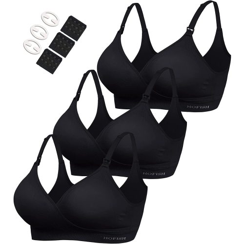 HOFISH Women's Maternity Pregnancy Seamless Breastfeeding Bras No Underwire, 3 Pack Black, Medium