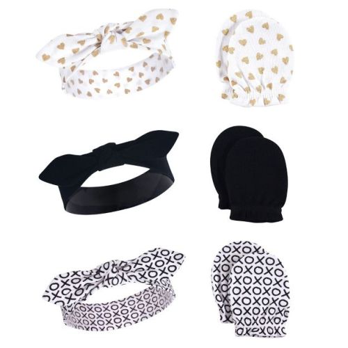 Hudson Baby Infant Girl Cotton Headband And Scratch Mitten 6pc Set, Xoxo, 0-6 Months