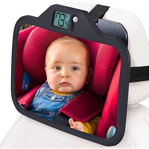 Baby Car Mirror with Temperature Display, Car Seat Mirror for Baby Rear Facing, New Born Essentials Must Haves, Infant Car Seat Mirror for Baby Travel Gear - Wide Angle (Black)