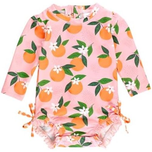 RuffleButts Baby Girls UPF 50+ Sun Protection Novelty Print Long Sleeve One Piece Rash Guard Swimsuit with Zipper