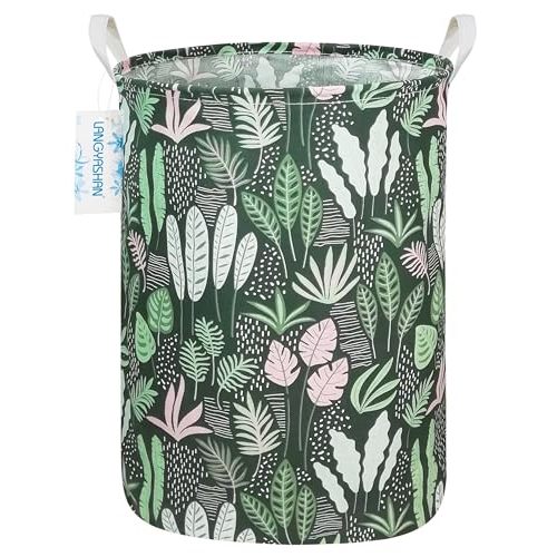 LANGYASHAN Laundry Basket Canvas Fabric Collapsible Organizer Basket for Storage Bin Toy Bins Gift Baskets Bedroom Clothes Children Nursery Hamper (Round Leaf)
