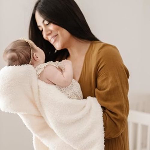 SARANONI Bamboni Luxury Baby Blanket | Plush Blanket for Infant Boys & Girls | Receiving Blanket 30” x 40” | Ivory